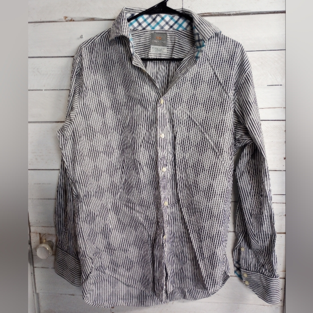 Thomas Dean Button Up Shirt Medium Flip Cuff Black White Long Sleeve Casual *